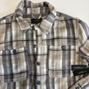 Liverpool Los Angeles Plaid Shirt Jacket Shacket Cream Grey Multi Mens MED NWT